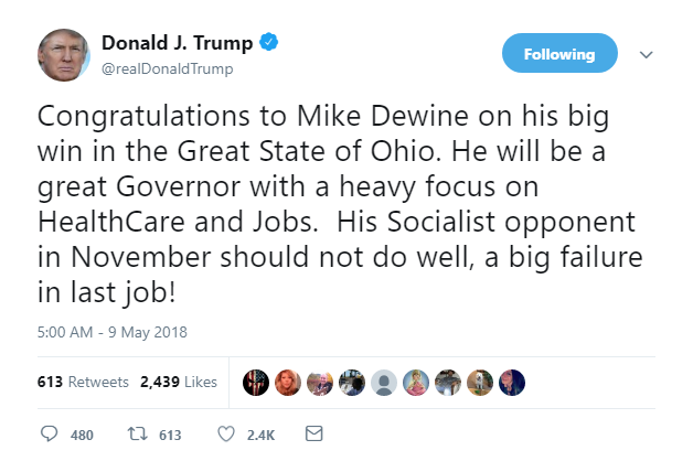 2018-05-09-08_03_34-Donald-J.-Trump-on-Twitter_-_Congratulations-to-Mike-Dewine-on-his-big-win-in-th Trump Goes On Attack In AM Twitter Rant About Stripping Media Credentials Like A Nazi Donald Trump Featured Politics Social Media Top Stories 