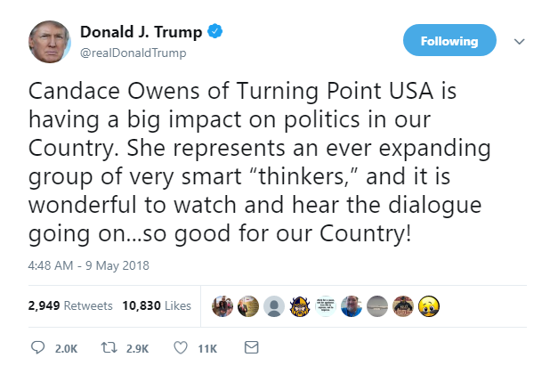 2018-05-09-08_04_11-Donald-J.-Trump-on-Twitter_-_Candace-Owens-of-Turning-Point-USA-is-having-a-big- Trump Goes On Attack In AM Twitter Rant About Stripping Media Credentials Like A Nazi Donald Trump Featured Politics Social Media Top Stories 