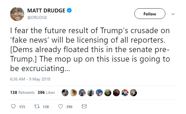 2018-05-09-11_02_32-MATT-DRUDGE-on-Twitter_-_I-fear-the-future-result-of-Trump’s-crusade-on-‘fake-ne Drudge Report Turns On Trump In Humiliating Fashion After Donald's AM Assault On Media Donald Trump Featured Media Politics Social Media Top Stories 