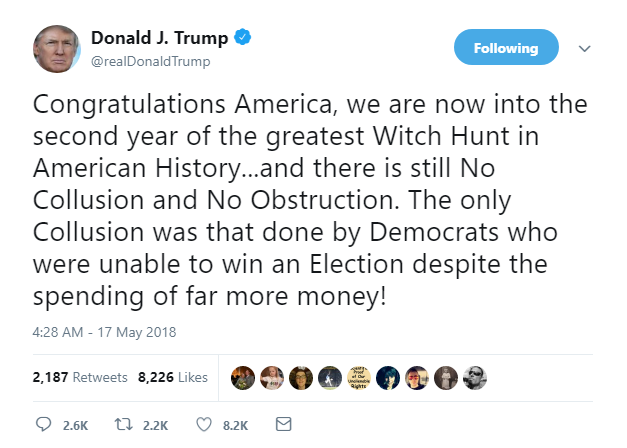 2018-05-17-07_36_30-Donald-J.-Trump-on-Twitter_-_Congratulations-America-we-are-now-into-the-second BREAKING: Trump Snaps & Makes Thursday Mueller/Russia Announcement He Will Regret Corruption Donald Trump Featured Politics Social Media Top Stories 