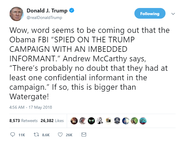 2018-05-17-08_40_48-Donald-J.-Trump-on-Twitter_-_Wow-word-seems-to-be-coming-out-that-the-Obama-FBI BREAKING: Trump Snaps & Makes Thursday Mueller/Russia Announcement He Will Regret Corruption Donald Trump Featured Politics Social Media Top Stories 