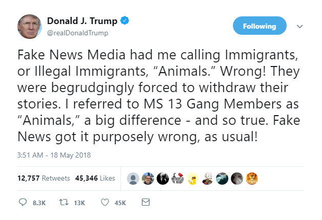 2018-05-18-08_21_23-Donald-J.-Trump-on-Twitter_-_Fake-News-Media-had-me-calling-Immigrants-or-Illeg Trump Tweets Belligerent Friday AM Message About DOJ Planting Spies In His Cabinet Donald Trump Featured Immigration Politics Racism Social Media Top Stories 