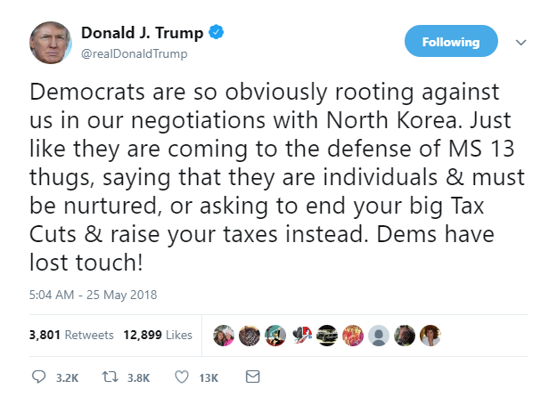 2018-05-25-08_22_20-Donald-J.-Trump-on-Twitter_-_Democrats-are-so-obviously-rooting-against-us-in-ou Trump Pops Morning Pills, Goes On Weird Six-Tweet Rant Like A Lonely Old Drug Addict Donald Trump Featured Politics Social Media Top Stories 