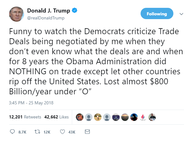 2018-05-25-21_04_24-Donald-J.-Trump-on-Twitter_-_Funny-to-watch-the-Democrats-criticize-Trade-Deals- Trump Goes On 5-Tweet Friday Night Twitter Freakout Like A Soon-To-Be Prison Inmate Donald Trump Featured Politics Social Media Top Stories 