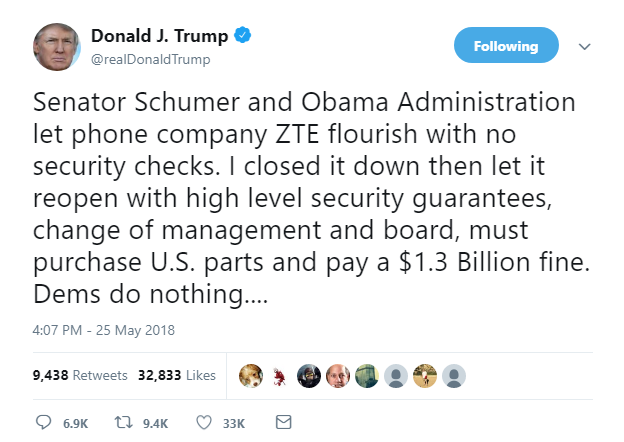 2018-05-25-21_04_48-Donald-J.-Trump-on-Twitter_-_Senator-Schumer-and-Obama-Administration-let-phone- Trump Goes On 5-Tweet Friday Night Twitter Freakout Like A Soon-To-Be Prison Inmate Donald Trump Featured Politics Social Media Top Stories 