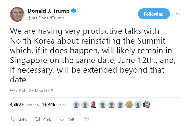 2018-05-25-21_05_38-Donald-J.-Trump-on-Twitter_-_We-are-having-very-productive-talks-with-North-Kore Trump Goes On 5-Tweet Friday Night Twitter Freakout Like A Soon-To-Be Prison Inmate Donald Trump Featured Politics Social Media Top Stories 