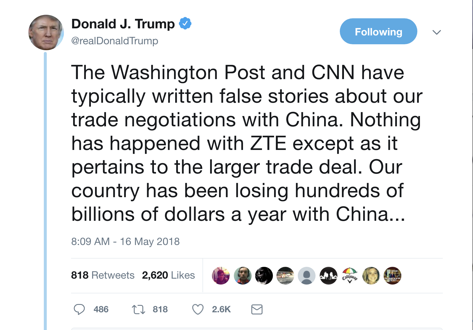 Screen-Shot-2018-05-16-at-8.14.58-AM Trump Responds To $500 Million China Gift Scandal On Twitter Like A Traitor To U.S. Corruption Crime Donald Trump Foreign Policy Politics Top Stories 