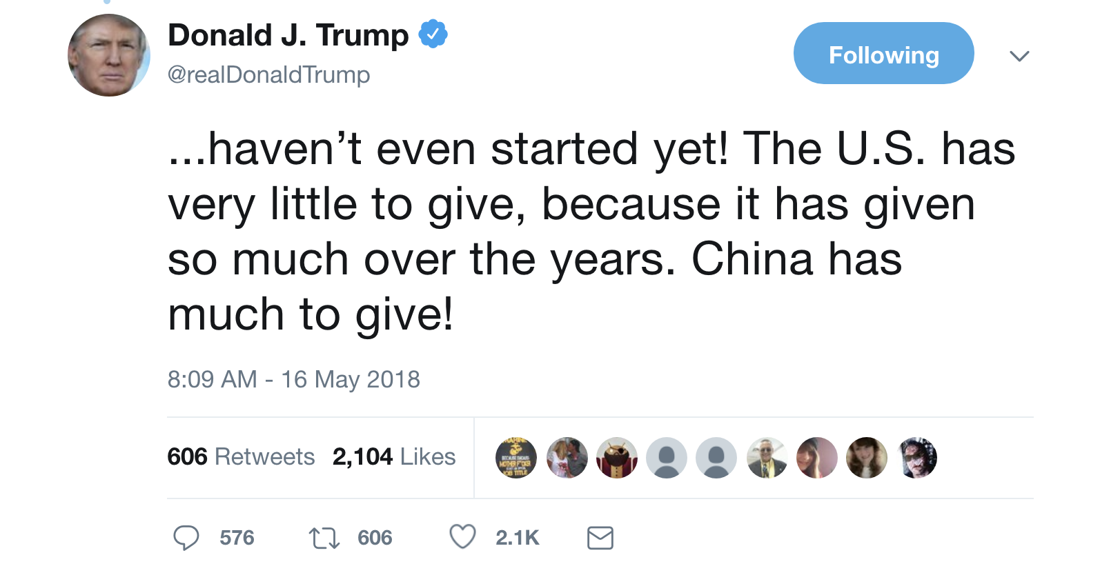 Screen-Shot-2018-05-16-at-8.16.07-AM Trump Responds To $500 Million China Gift Scandal On Twitter Like A Traitor To U.S. Corruption Crime Donald Trump Foreign Policy Politics Top Stories 