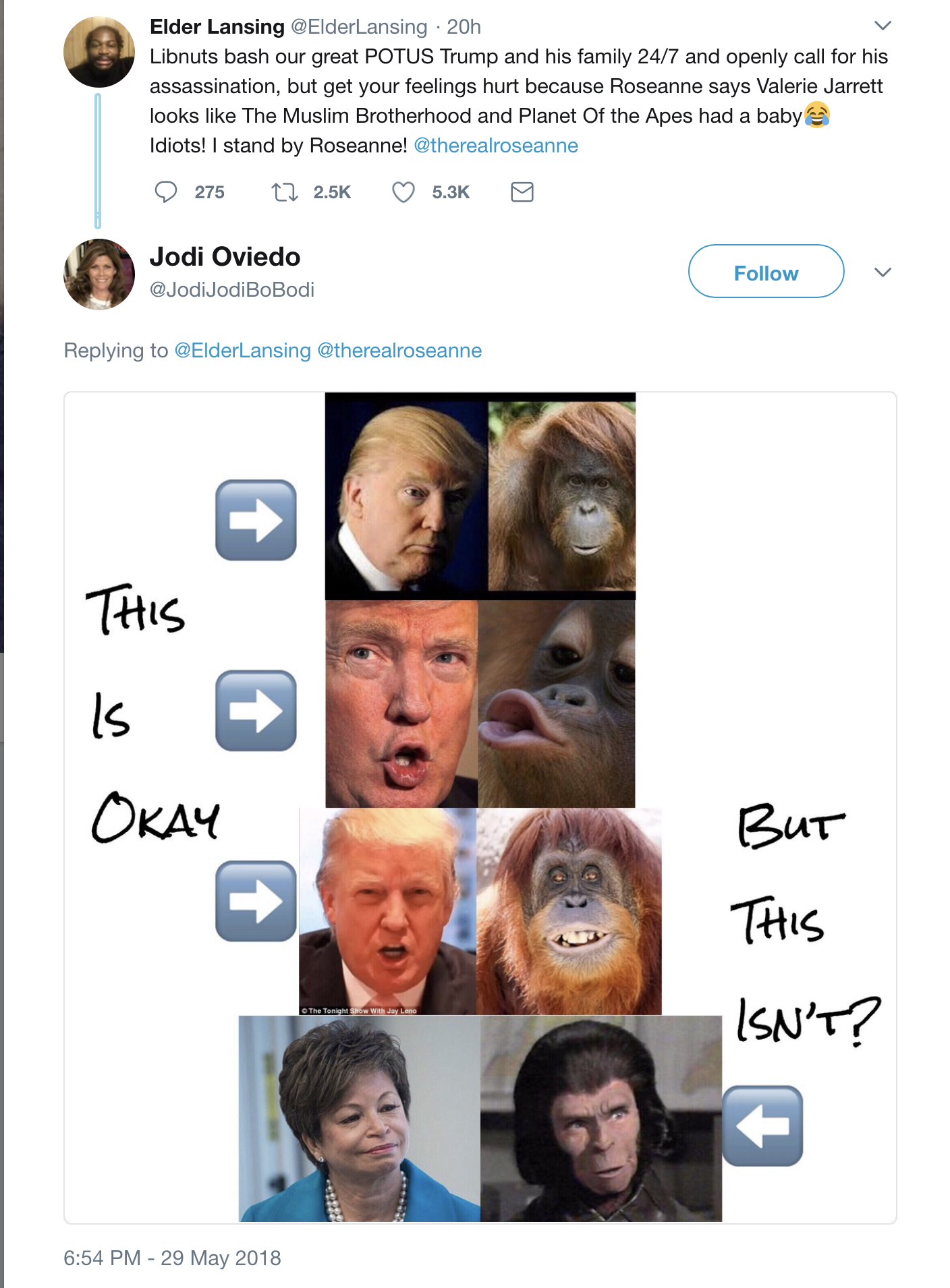 Screen-Shot-2018-05-30-at-8.25.23-AM Roseanne Barr Continues Disgusting Monkey Jokes On Twitter Like A Racist Pig Donald Trump Politics Social Media Top Stories 