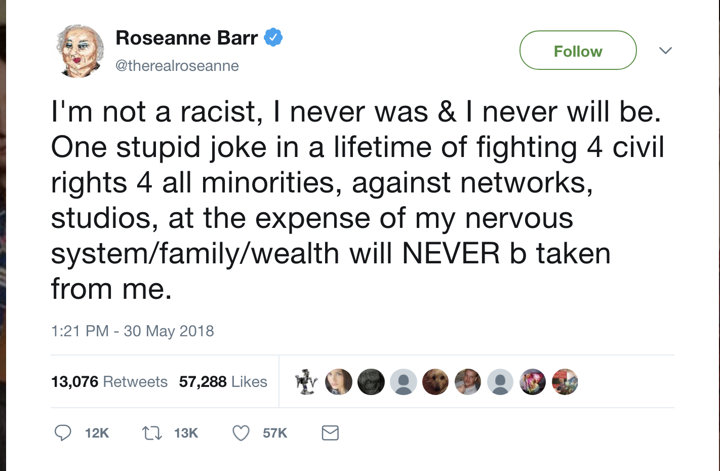 Screen-Shot-2018-05-31-at-8.55.16-AM Roseanne Makes ABC Cancellation Announcement - Makes A Fool Of Herself In Seconds Celebrities Donald Trump Media Politics Racism Social Media Top Stories 