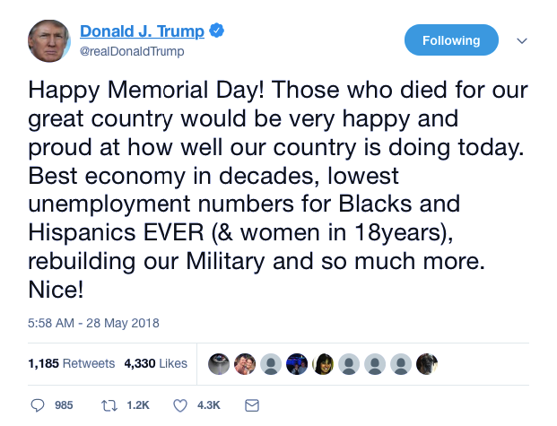Screenshot-at-May-28-09-02-15 Trump Just Posted A 'Memorial Day' Tweet About Himself Sure To Make You Projectile Vomit Donald Trump Featured Politics Social Media Top Stories 