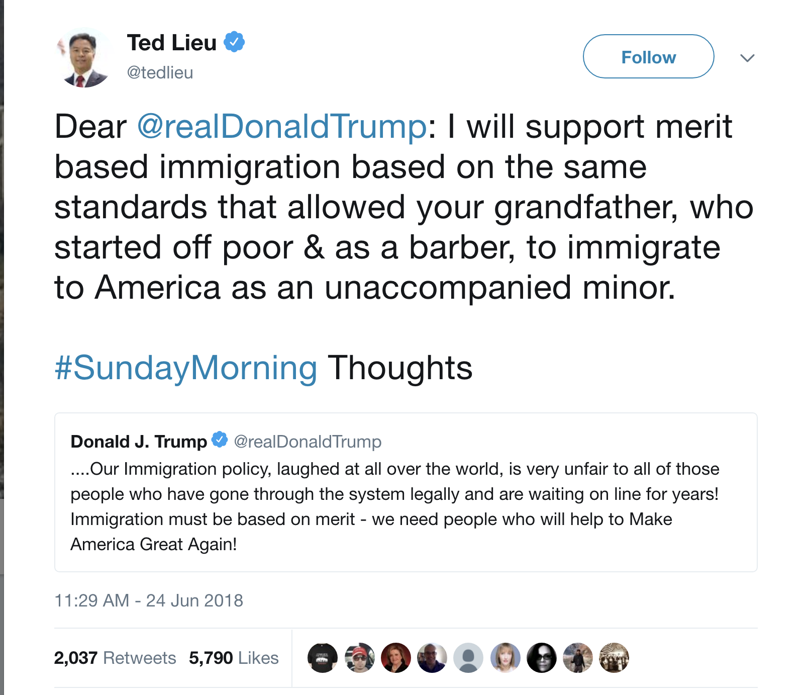 Screen-Shot-2018-06-24-at-12.19.28-PM Rep. Ted Lieu Responds To Trump's Sunday AM Attack On Immigrants Like A Real U.S. Hero Corruption Crime DACA Donald Trump Immigration Politics Top Stories 