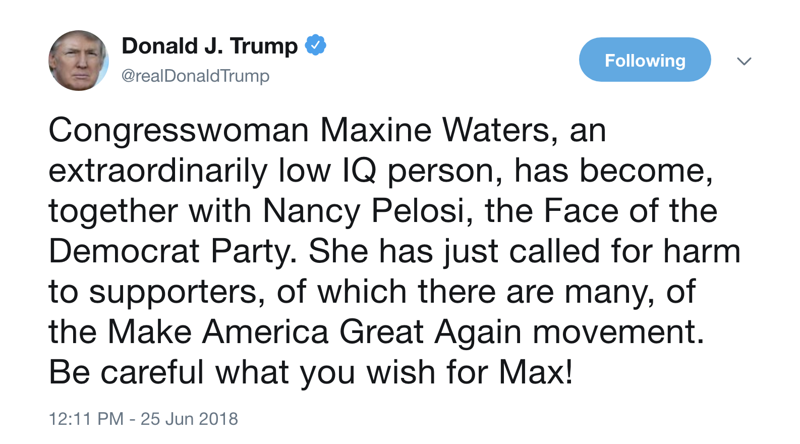 Screen-Shot-2018-06-26-at-9.03.11-AM.png?zoom=1 Deranged Trump Fan Arrested After Threatening  To Murder Maxine Waters (DETAILS) Corruption Crime Donald Trump Politics Top Stories 