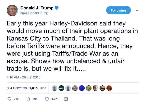 Screenshot-at-Jun-26-07-18-18 Trump Threatens Harley-Davidson Co. During Early AM Twitter Assault Like A Jerk-Off Donald Trump Featured Politics Social Media Top Stories 