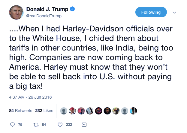 Screenshot-at-Jun-26-07-38-54 Trump Threatens Harley-Davidson Co. During Early AM Twitter Assault Like A Jerk-Off Donald Trump Featured Politics Social Media Top Stories 