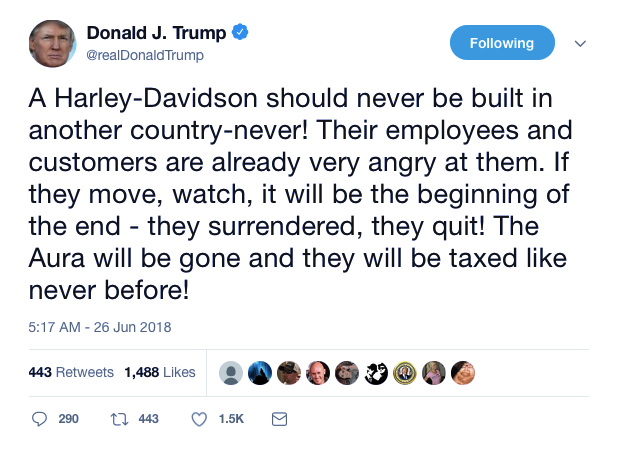 Screenshot-at-Jun-26-08-19-35 Trump Threatens Harley-Davidson Co. During Early AM Twitter Assault Like A Jerk-Off Donald Trump Featured Politics Social Media Top Stories 