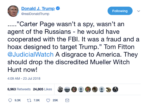 Screenshot-at-Jul-23-08-45-25 Trump Flies Into Guilty 7-Tweet Rager Over Carter Page FISA Warrant Like A Stupid Criminal Donald Trump Featured Politics Russia Social Media Top Stories 