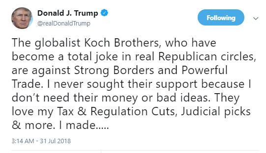 koch-one Trump Aggressively Lashes Out At Koch Brothers During Tuesday AM Mental Breakdown Donald Trump Politics Social Media Top Stories 