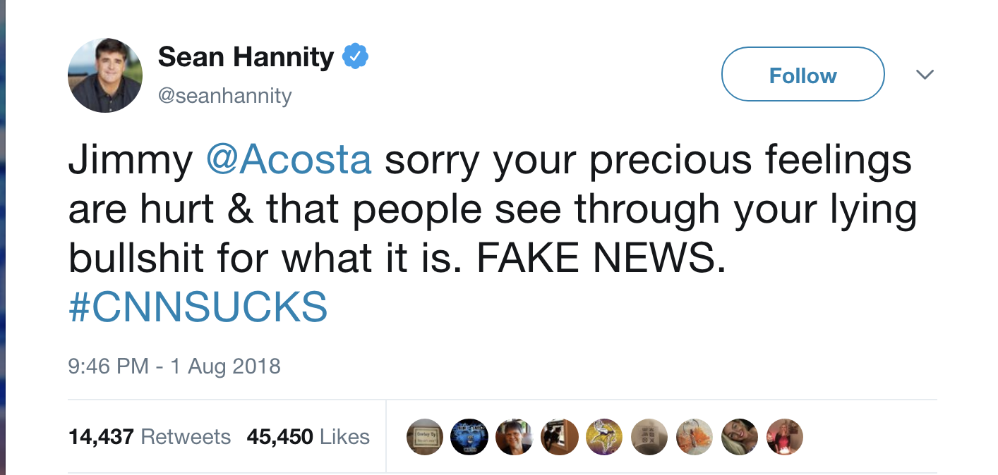 Screen-Shot-2018-08-02-at-8.23.19-AM CNN's Jim Acosta Humiliates Hannity On Twitter - Sean Goes Full Crybaby Like A Wimp Corruption Crime Election 2018 Media Politics Top Stories 