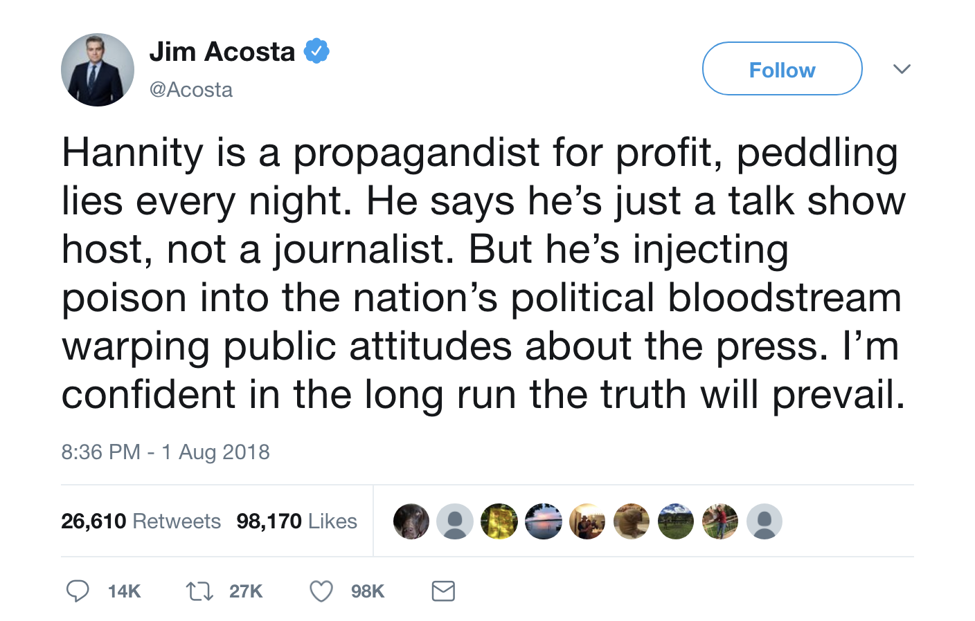 Screen-Shot-2018-08-02-at-8.38.29-AM CNN's Jim Acosta Humiliates Hannity On Twitter - Sean Goes Full Crybaby Like A Wimp Corruption Crime Election 2018 Media Politics Top Stories 