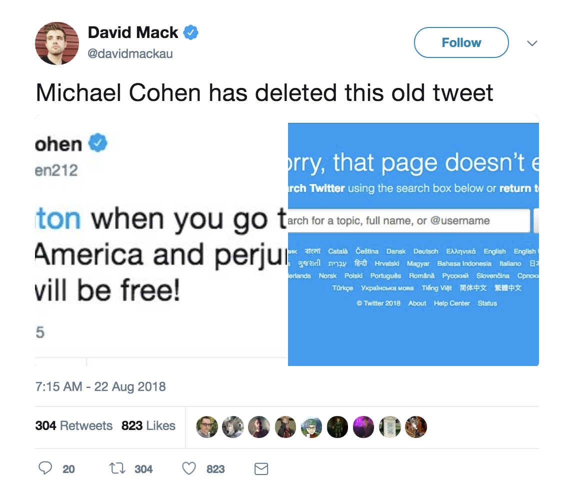 Screen-Shot-2018-08-22-at-10.18.24-AM Cohen Just Deleted An Old Tweet About Prison That He Does Not Want You To See Corruption Crime Donald Trump Election 2016 Politics Russia Top Stories 