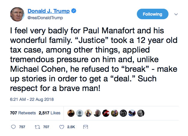 Screenshot-at-Aug-22-09-23-24 Trump Praises Manafort On Twitter Like A Scared Future Convict After Cohen Takes Plea Donald Trump Featured Politics Social Media Top Stories 