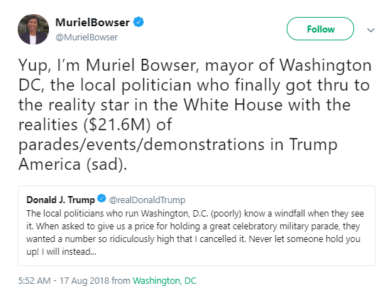 bowser D.C. Mayor Takes Down Trump On Twitter After His AM Whine About Parade Cancellation Donald Trump Politics Top Stories 