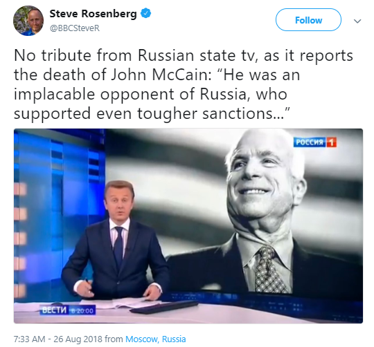 rosenberg Russian State TV Just Responded To McCain's Death Exactly Like Trump Told Them To Donald Trump Foreign Policy Media Politics Top Stories 