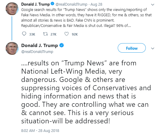 trump-google-twitter Trump Makes Thursday Facebook, Google, & Amazon 'Break Up' Announcement Donald Trump Media Politics Top Stories 