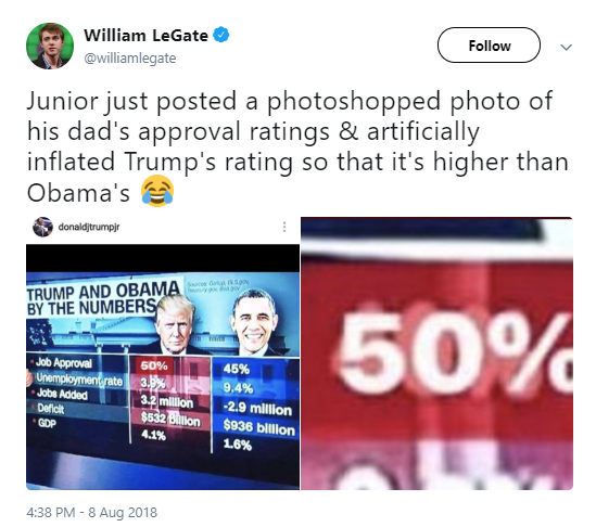 trump-jr-lies Donald Jr. Posts Photoshopped Trump Approval Ratings  Image & Gets Destroyed Instantly Donald Trump Politics Social Media Top Stories 
