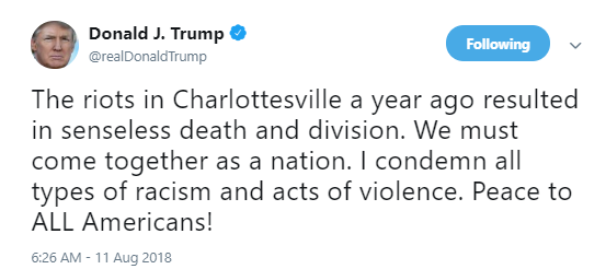 trump-twitt Trump Tweets About Upcoming Anniversary Of Deadly Charlottesville Protest Like A Phony Alt-Right Donald Trump Politics Racism Social Media Top Stories 