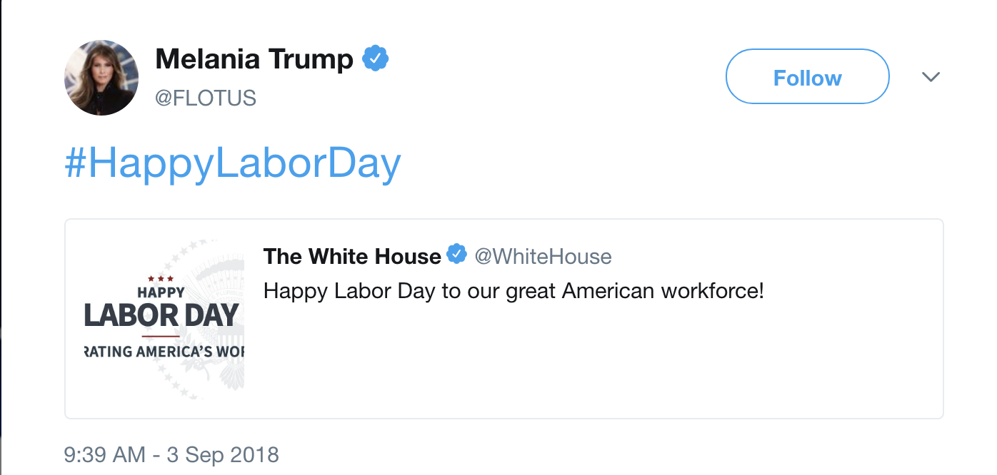 Screen-Shot-2018-09-03-at-10.36.05-AM Lazy Melania Tweets A Single Hashtag For Labor Day & Gets Eaten Alive Immediately Donald Trump Labor Politics Top Stories 