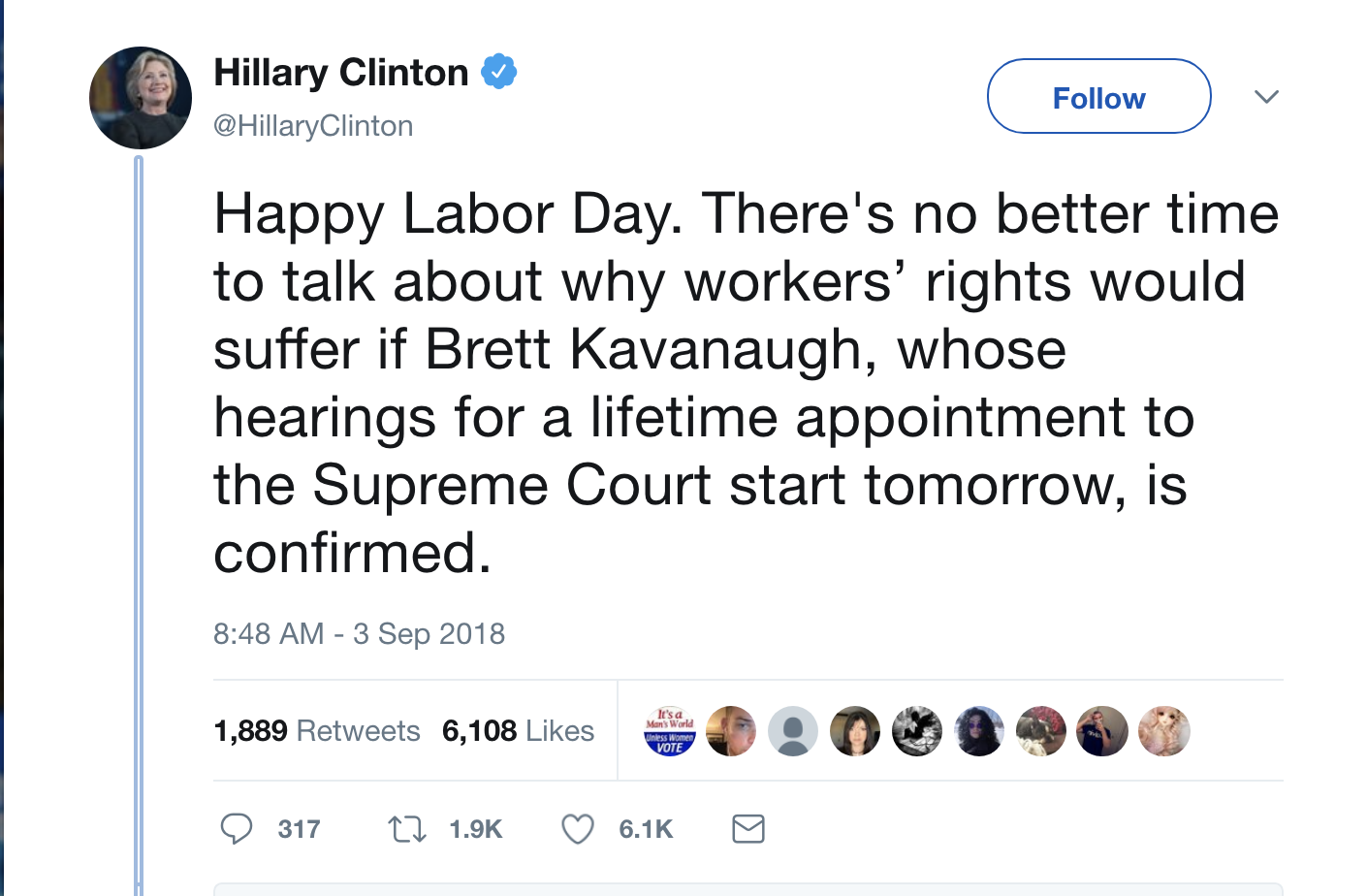 Screen-Shot-2018-09-03-at-9.26.02-AM Hillary Clinton Releases Labor Day Tweet That Has The Donald Spiraling In His Loafers Corruption Donald Trump Hillary Clinton Politics Supreme Court Top Stories 