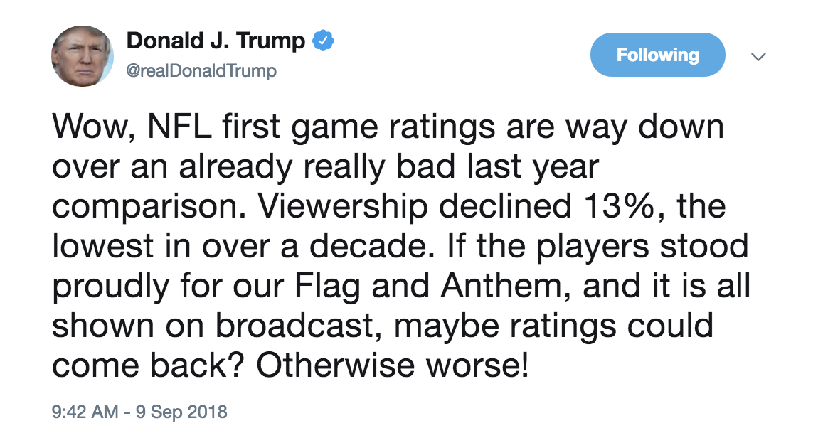 Screen-Shot-2018-09-09-at-11.14.54-AM Trump Pauses Sunday Golf & Tweets At NFL Kickoff Like An Insecure 8 Year Old Boy Celebrities Corruption Donald Trump Politics Sports Top Stories 
