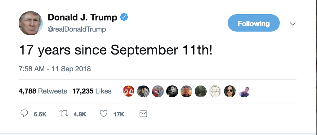 Screen-Shot-2018-09-11-at-8.26.25-AM Trump Tweets About 9/11 Anniversary After Embarrassing Display & Gets Rocked With Hate Corruption Donald Trump Politics Top Stories 