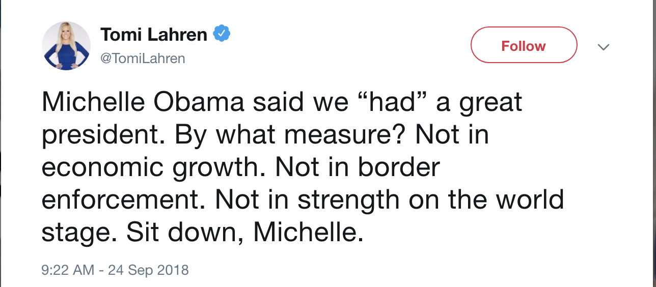 Screen-Shot-2018-09-24-at-12.35.16-PM Tomi Lahren Tells Michelle Obama To 'Sit Down' Like A 26 Year Old Punk & Gets Blasted Celebrities Corruption Donald Trump Media Politics Top Stories 