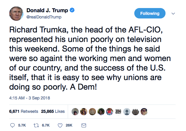 Screenshot-at-Sep-03-09-27-06 Trump Flies Into Wild Labor Day Twitter Meltdown Against American Unions Like A Punk Donald Trump Featured Labor Politics Social Media Top Stories 