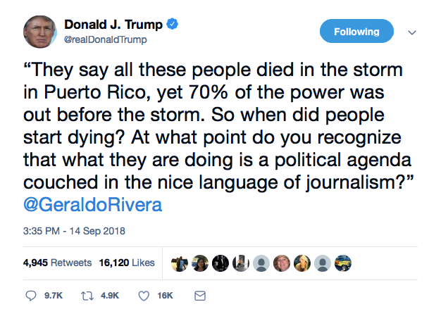 Screenshot-at-Sep-14-19-13-44 Trump Doubles Down On Puerto Rican Death Denial In Friday Tweet - Gets Annihilated Donald Trump Featured Politics Social Media Top Stories 