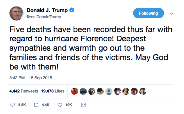 Screenshot-at-Sep-15-19-47-10 Trump Tweets About Hurricane Florence Deaths & Instantly Gets Eaten Alive On Twitter Donald Trump Featured Politics Social Media Top Stories 