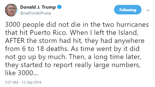 fake-nes Trump Tweets About Hurricane Florence Right After Calling Puerto Rico Death Toll Fake Donald Trump Politics Social Media Top Stories 