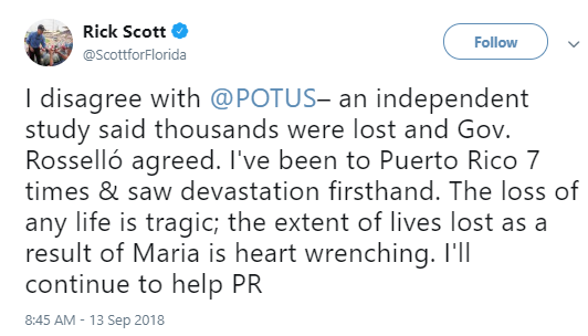 scott Republicans Push Back Against Trump's Lies About Hurricane Maria's Death Count Donald Trump Politics Social Media Top Stories 
