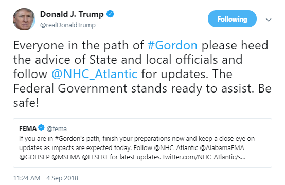 trump-gordon Trump Tweets About Hurricane Gordon Like He Cares & Gets His Ass Handed To Him Donald Trump Politics Social Media Top Stories 