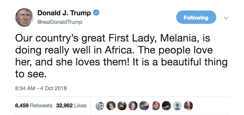 Screen-Shot-2018-10-04-at-9.24.27-AM Trump Tweets About Melania's Africa Trip & Gets Brutally Mocked Donald Trump Foreign Policy Politics Top Stories 