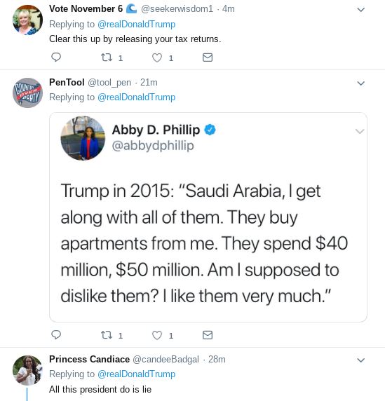 Screenshot-2018-10-16-at-11.14.34-AM Trump Lies About Money Ties To Saudi Arabia In Tuesday Twitter Meltdown Corruption Donald Trump Politics Social Media Top Stories 