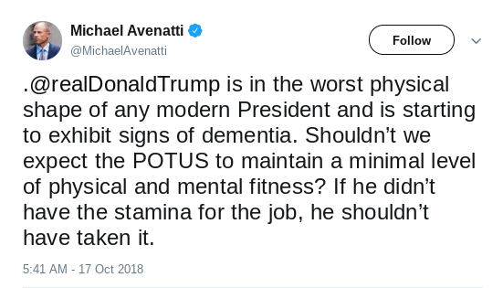 Screenshot-2018-10-17-at-5.43.36-PM Michael Avenatti Makes Wednesday Trump/Dementia Announcement (IMAGE) Celebrities Donald Trump Politics Social Media Top Stories 