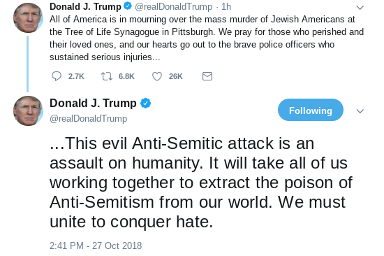 Screenshot-2018-10-27-at-6.52.36-PM Trump Tweets Another Awkward Response To White-Terror Attack In Pittsburgh Donald Trump Politics Racism Social Media Top Stories 