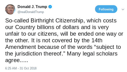 Screenshot-2018-10-31-at-9.59.17-AM Trump Makes Sudden Announcement About Birthright Citizenship On Twitter Donald Trump Immigration Politics Racism Social Media Top Stories 