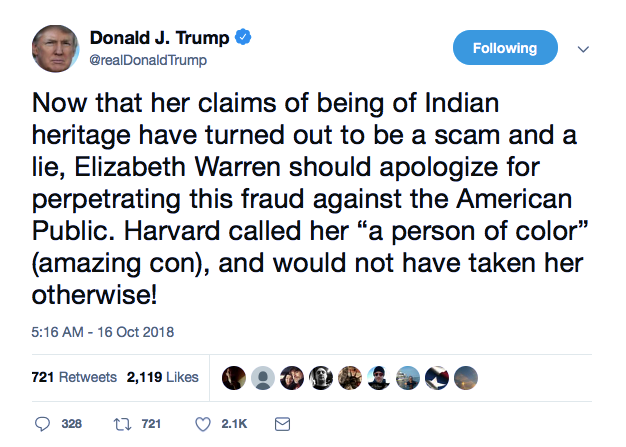Screenshot-at-Oct-16-08-18-22 Trump Just Attacked Elizabeth Warren During Childish Crybaby Twitter Rant Donald Trump Featured Politics Racism Top Stories 
