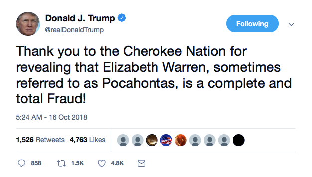 Screenshot-at-Oct-16-08-28-05 Trump Just Attacked Elizabeth Warren During Childish Crybaby Twitter Rant Donald Trump Featured Politics Racism Top Stories 