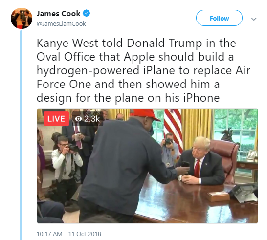 iplane Watch Trump's Face As Kanye West Unveils Bizarre Plans For Air Force One Celebrities Donald Trump Politics Top Stories 